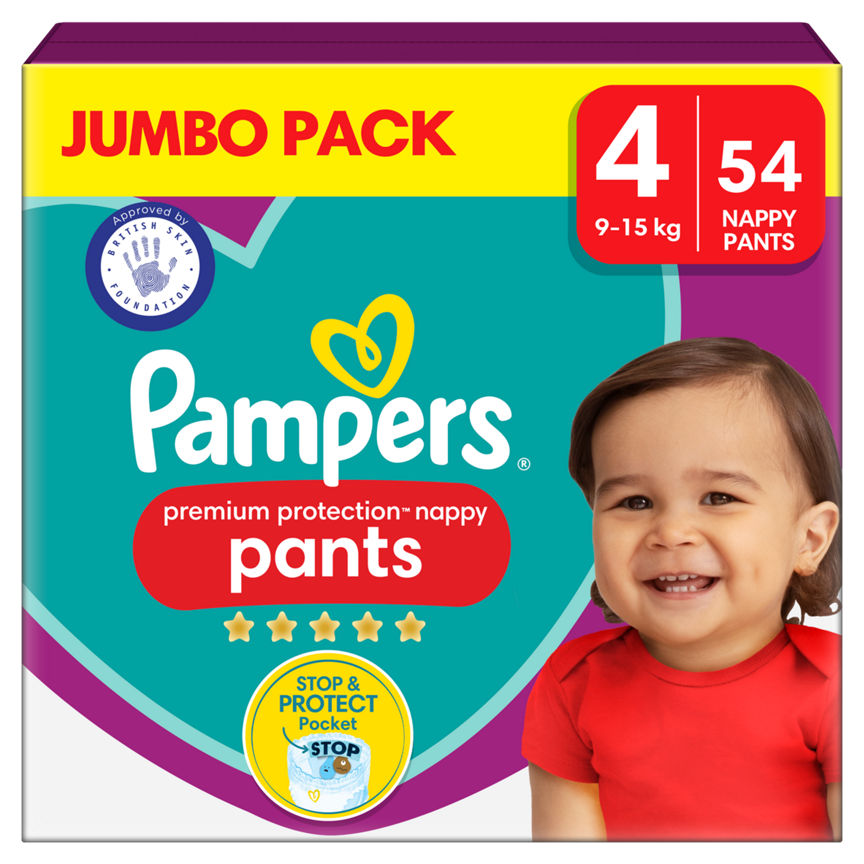 Pampers Premium Protection Nappy Pants Size 4, 54 Nappies, 9kg-15kg, Jumbo+ Pack GOODS ASDA   