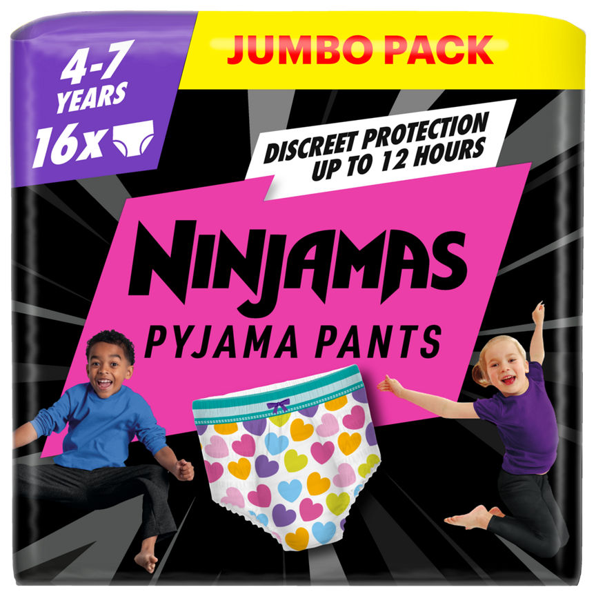 Pampers Ninjamas Pyjama Pants Unisex Hearts, 4 - 7 Years, 16 Pyjama Pants, 17kg - 30kg, GOODS ASDA   