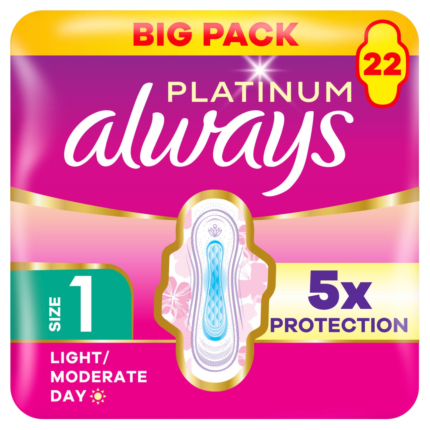Always sanitary towels light moderate flow day wings 22 pads (British brand)