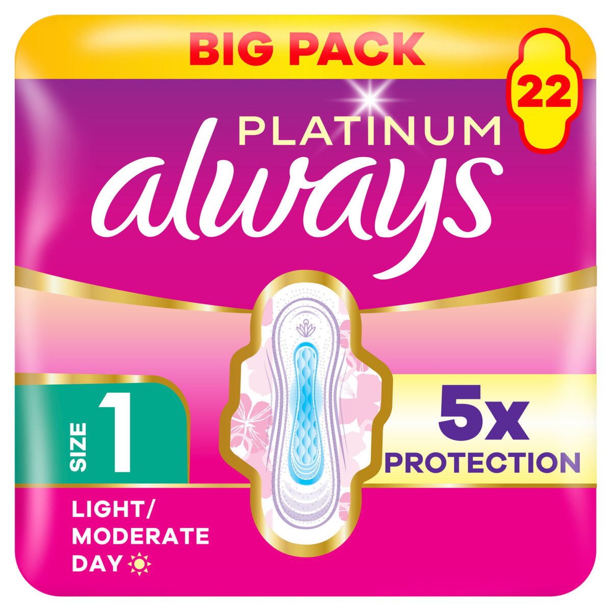Always sanitary towels light moderate flow day wings 22 pads (British brand)