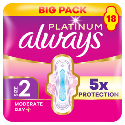 Always Platinum sanitary towels moderate flow day wings 18 pads (British brand)