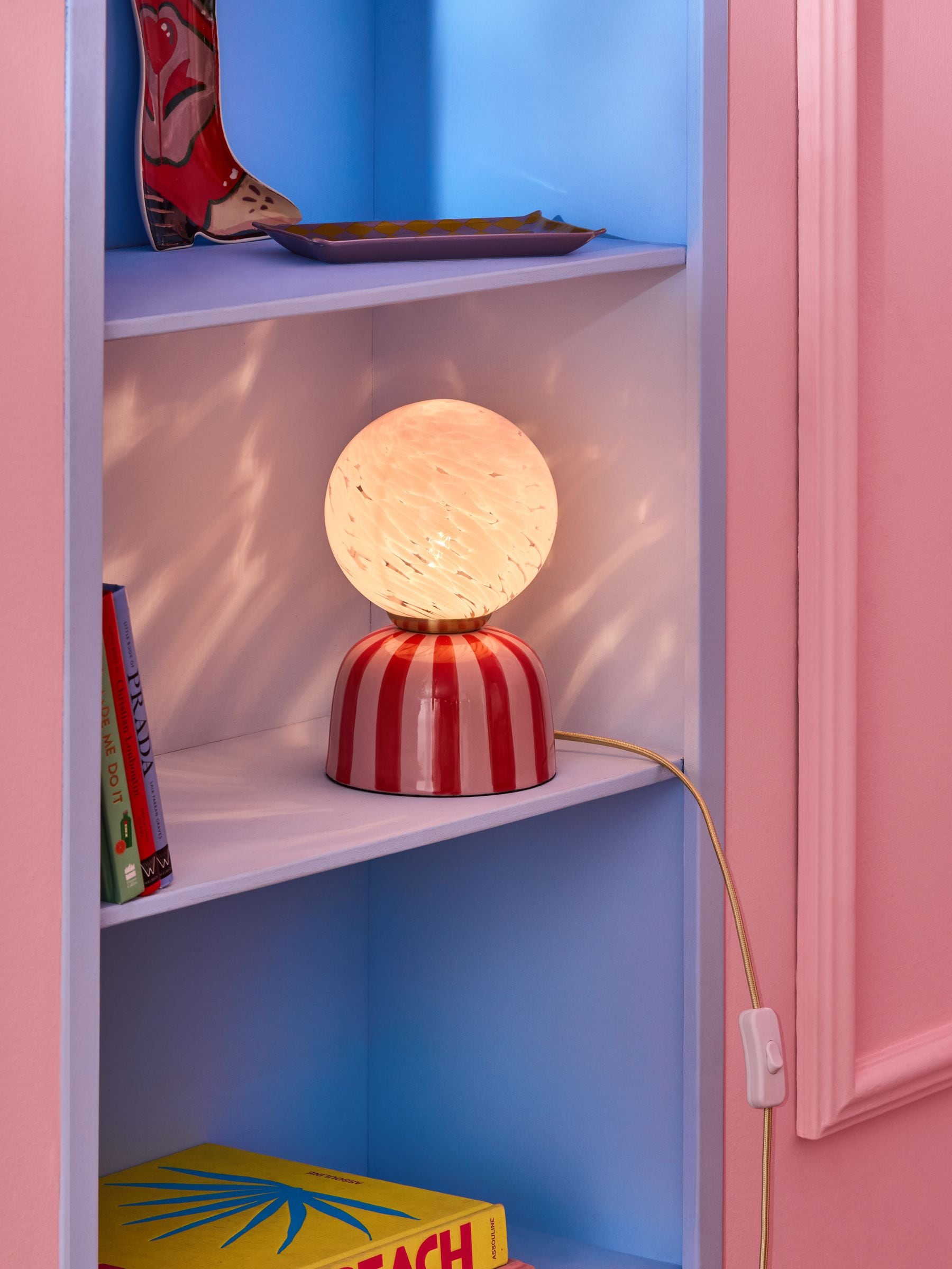 Eleanor Bowmer pink red striped ceramic table lamp (British brand)