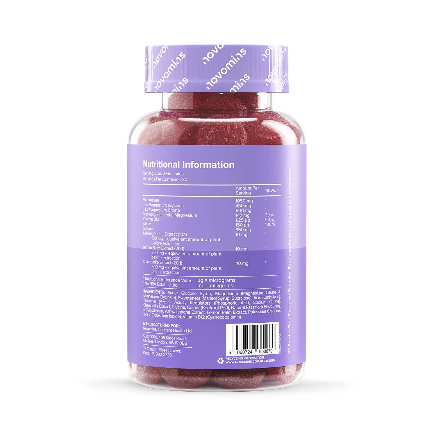 Novomins Calm Magnesium Glycinate Gummies 60, imported from the UK