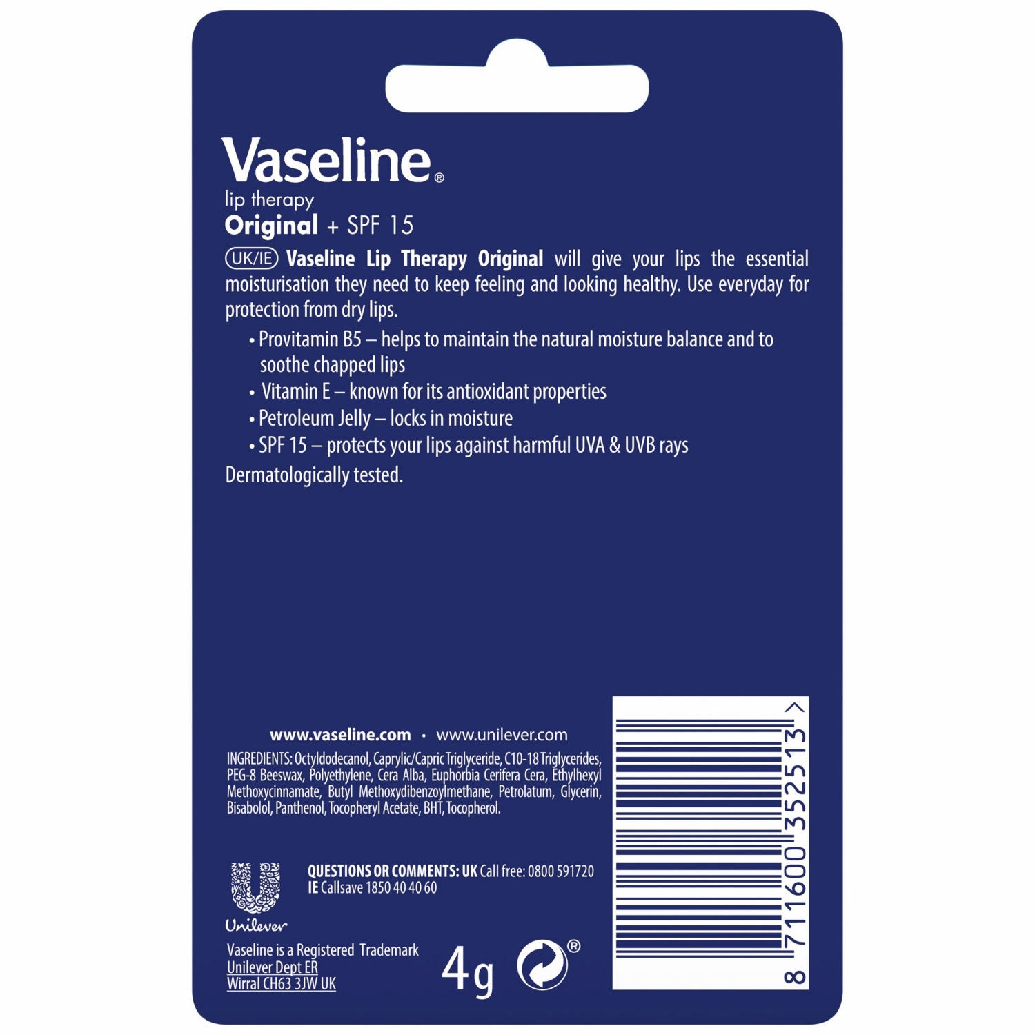 Vaseline Original lip balm stick 4g (British brand)