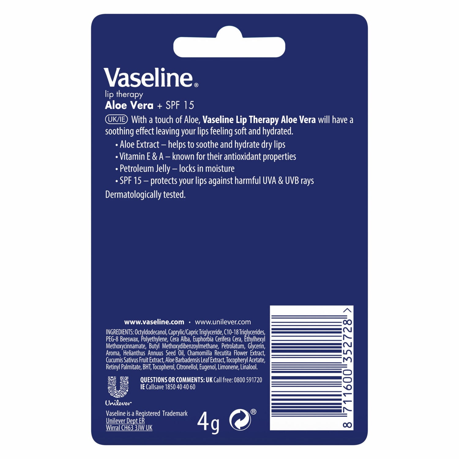 Vaseline Aloe Vera lip balm stick 4g (British brand)
