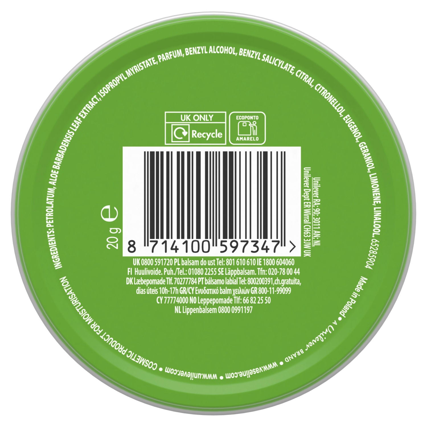 Vaseline Lip Therapy Aloe Vera Lip Tin 20g (British brand)