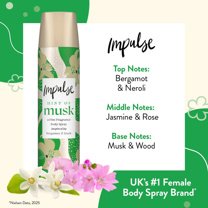 Impulse Hint of Musk body spray 75ml, imported from the UK