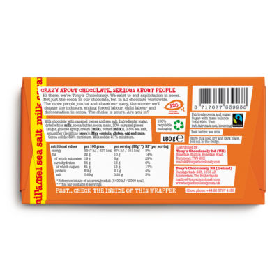 Tony's Chocolonely caramel sea salt milk chocolate bar 180g (British brand)