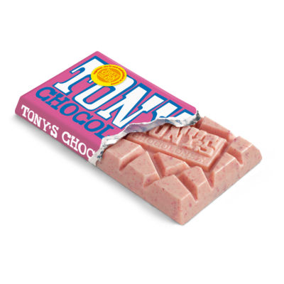 Tony's Chocolonely white chocolate bar with raspberry and popping candy 180g (British brand)