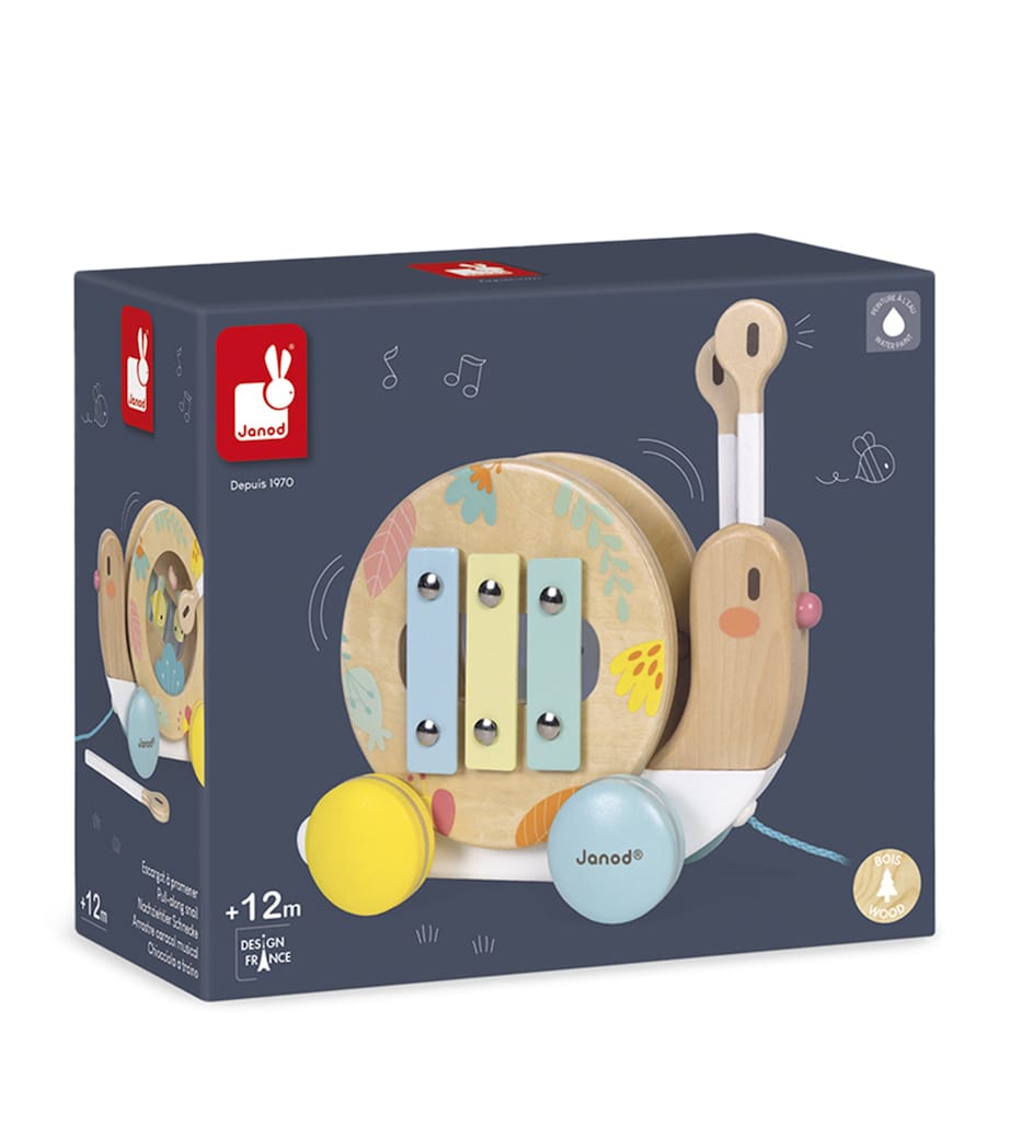 Janod Pure pull-along snail toy with xylophone and tambourine, UK version