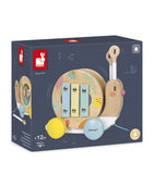 Janod Pure pull-along snail toy with xylophone and tambourine, UK version