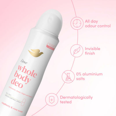 Dove whole body deodorant spray raspberry and rose 150ml (British brand)