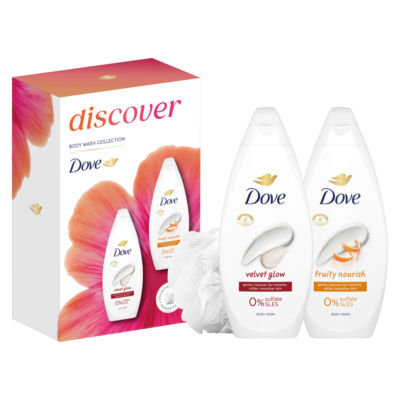 Dove Discover Duo Gift Set with body washes and shower puff, imported from the UK