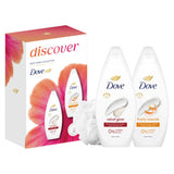 Dove Discover Duo Gift Set with body washes and shower puff, imported from the UK