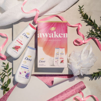 Dove gift set with body washes and shower puff, imported from the UK