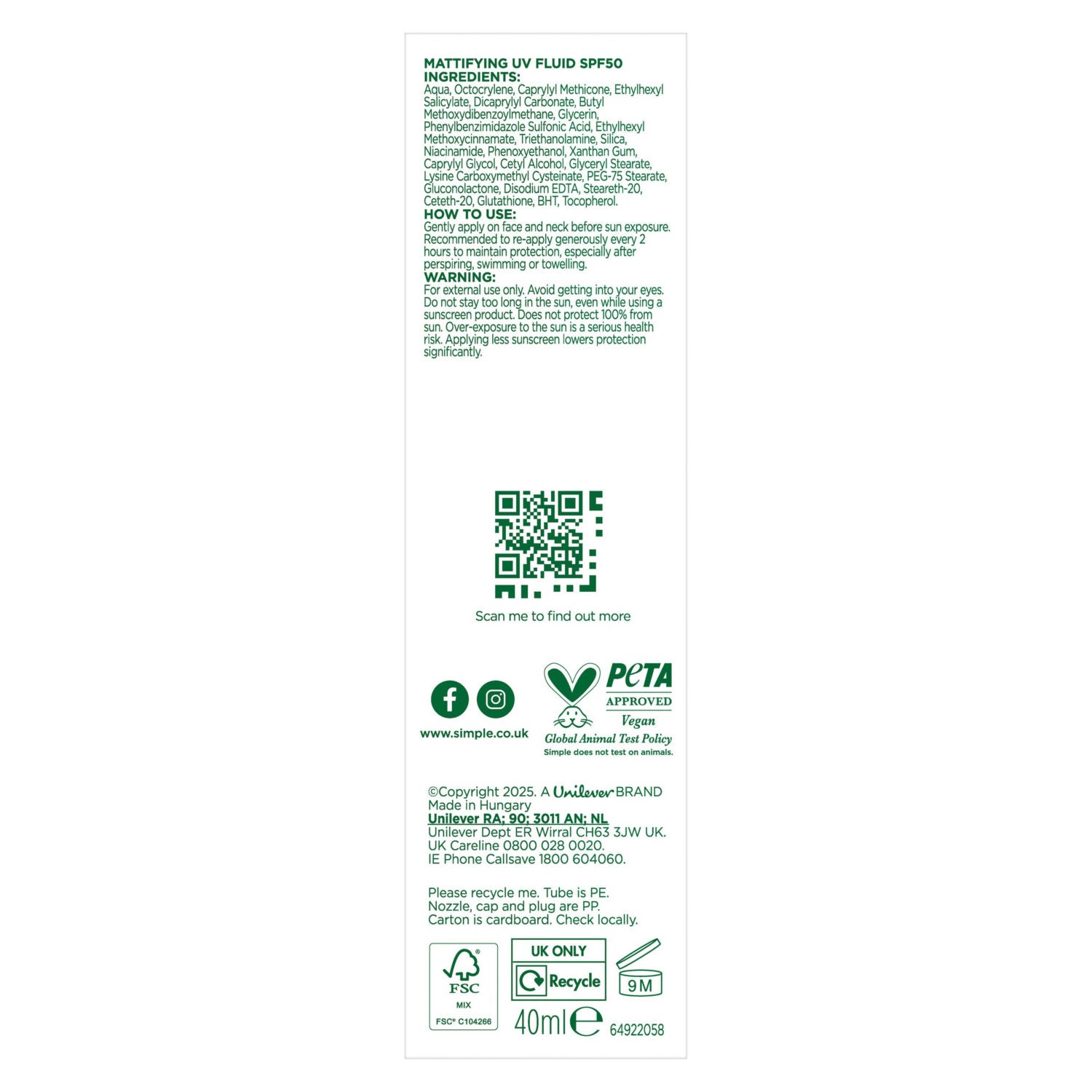 Simple Mattifying UV Fluid 40ml, imported from the UK