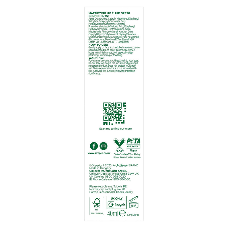 Simple Mattifying UV Fluid 40ml, imported from the UK