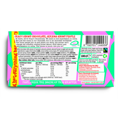 Tony's Chocolonely milk chocolate caramel pretzel almond nougat bar 180g, UK version