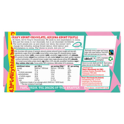 Tony's Chocolonely milk chocolate caramel pretzel almond nougat bar 180g, UK version
