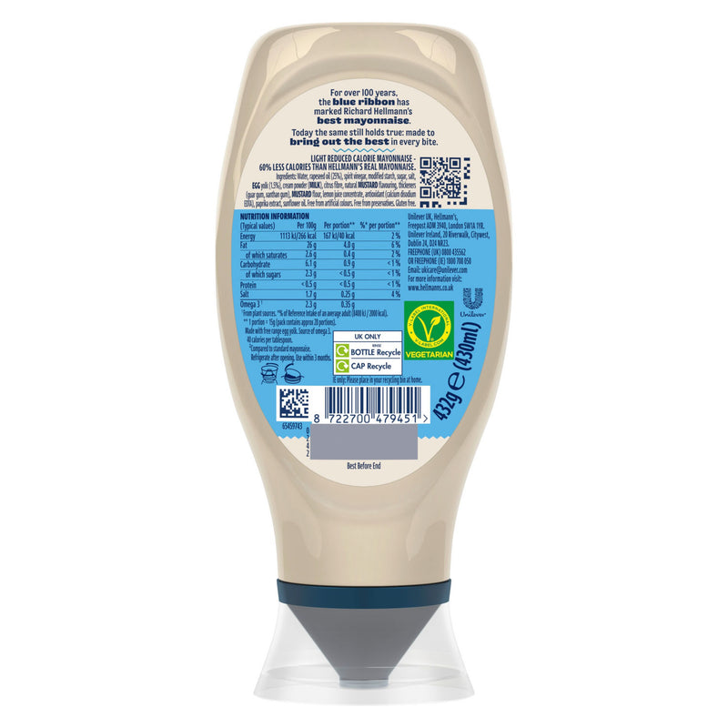 Hellmann's Light Mayonnaise Condiment 430ml bottle, UK version
