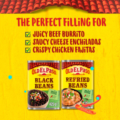 Old El Paso Mild Refried Beans 435g, imported from the UK