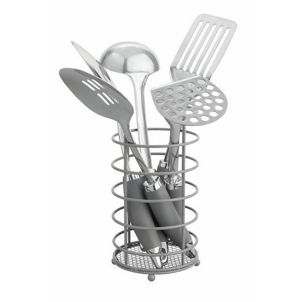 Argos Home five piece stainless steel utensil set with grey caddy (British brand)