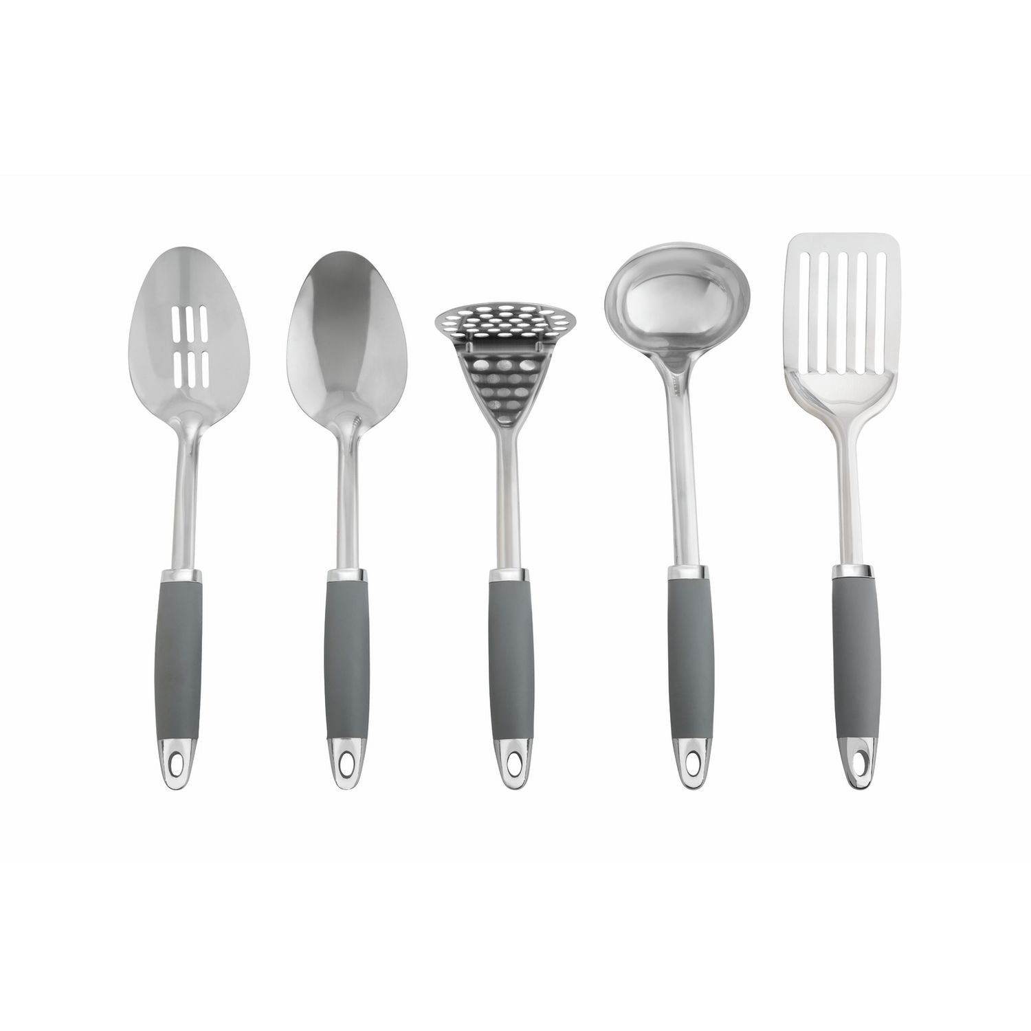 Argos Home five piece stainless steel utensil set with grey caddy (British brand)