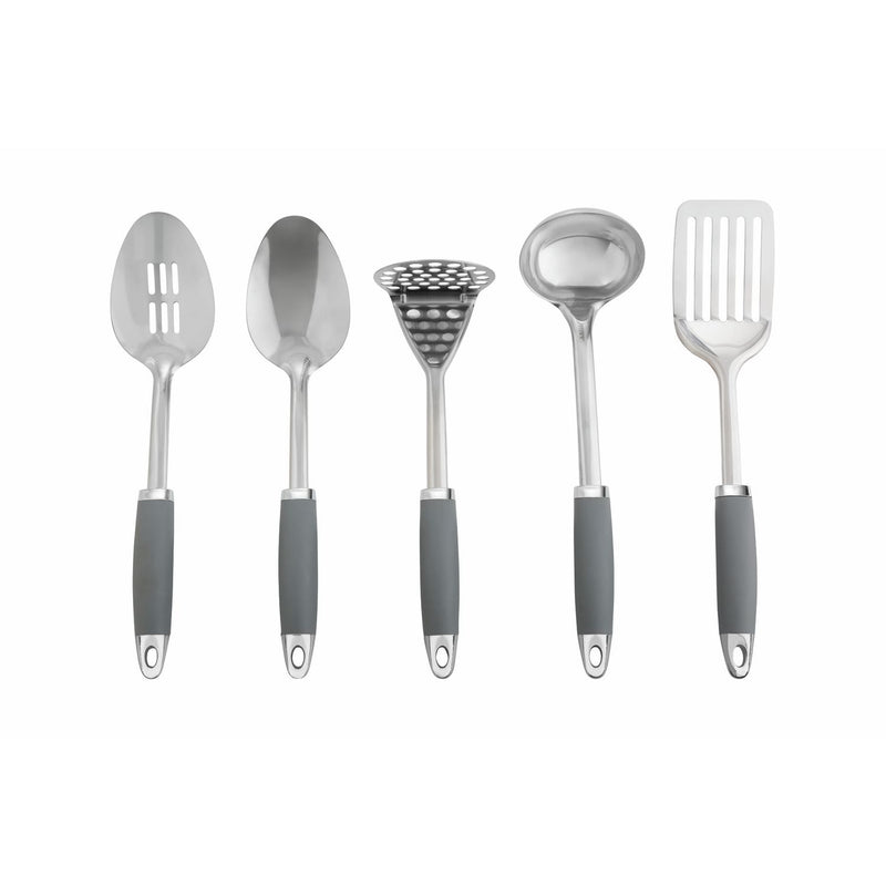 Argos Home five piece stainless steel utensil set with grey caddy (British brand)