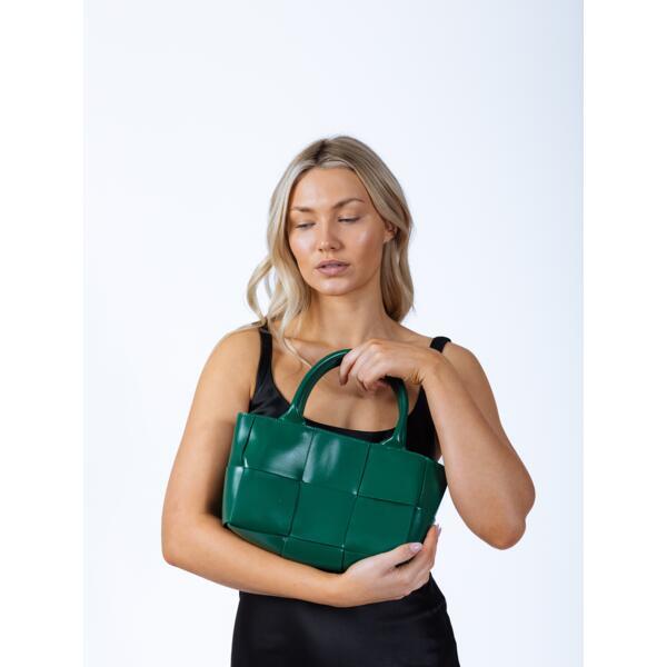 SVNX green woven faux leather grab bag, imported from the UK