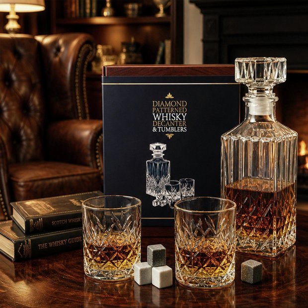 Kimm & Miller diamond patterned whisky decanter set, UK version