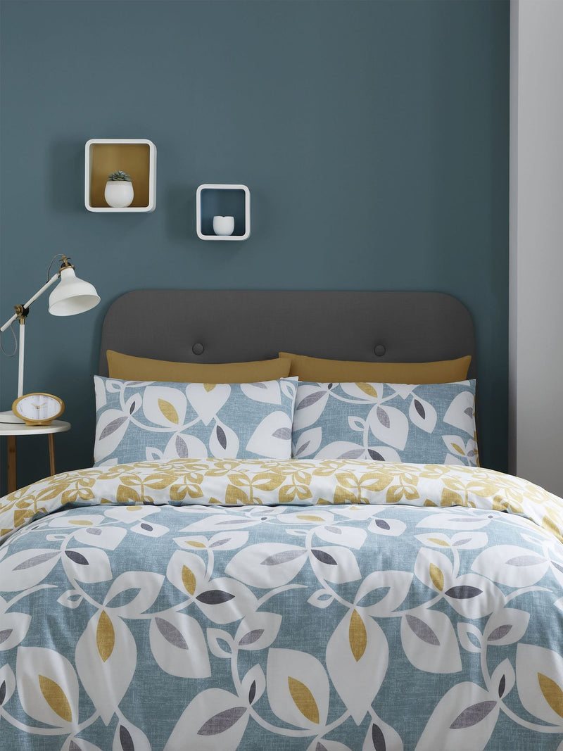 Catherine Lansfield Teal Blue Inga Leaf Duvet Cover and Pillowcase Set