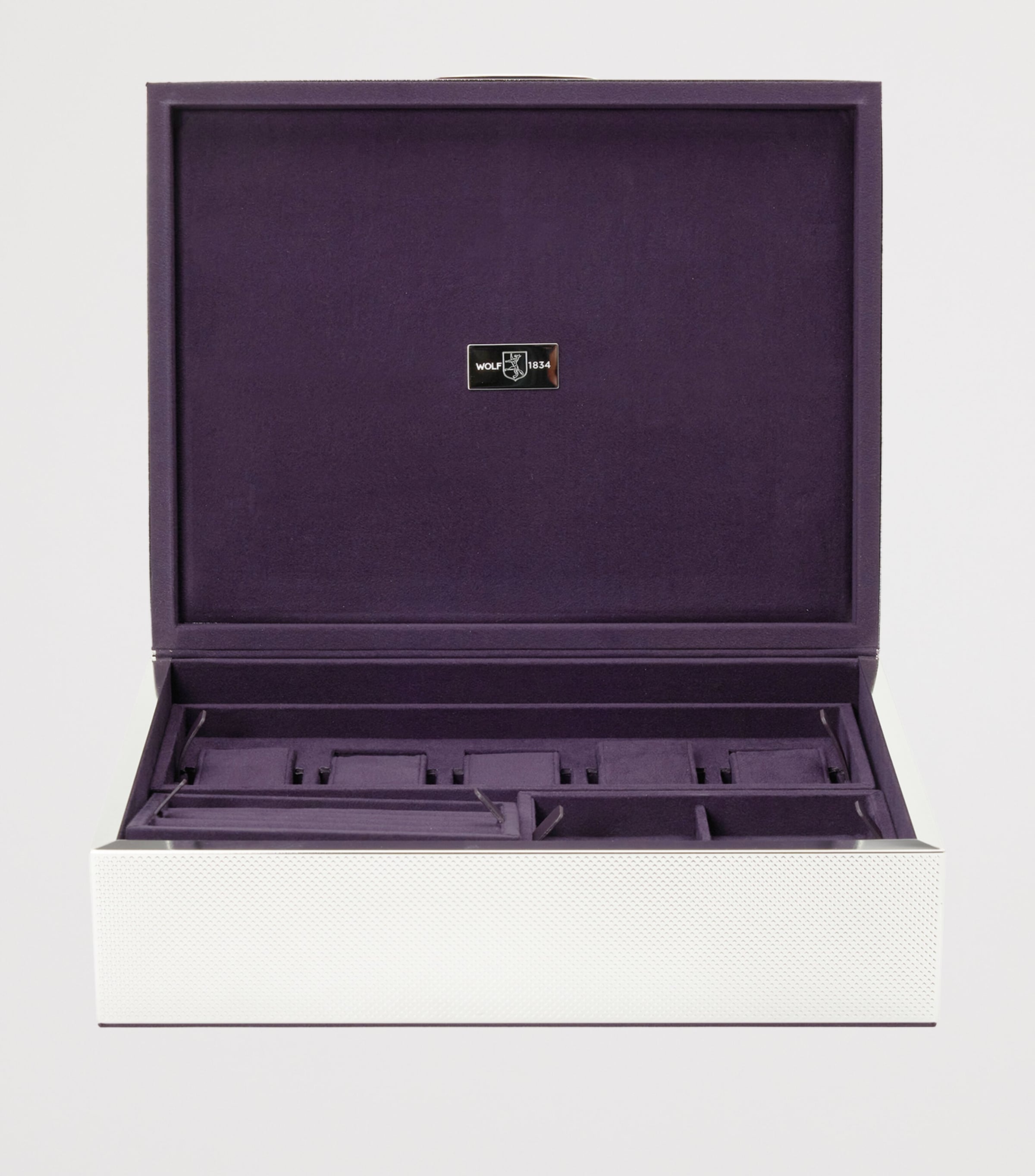 WOLF silver-plated watch and jewellery storage box with removable trays, 25x32x9cm (British brand)