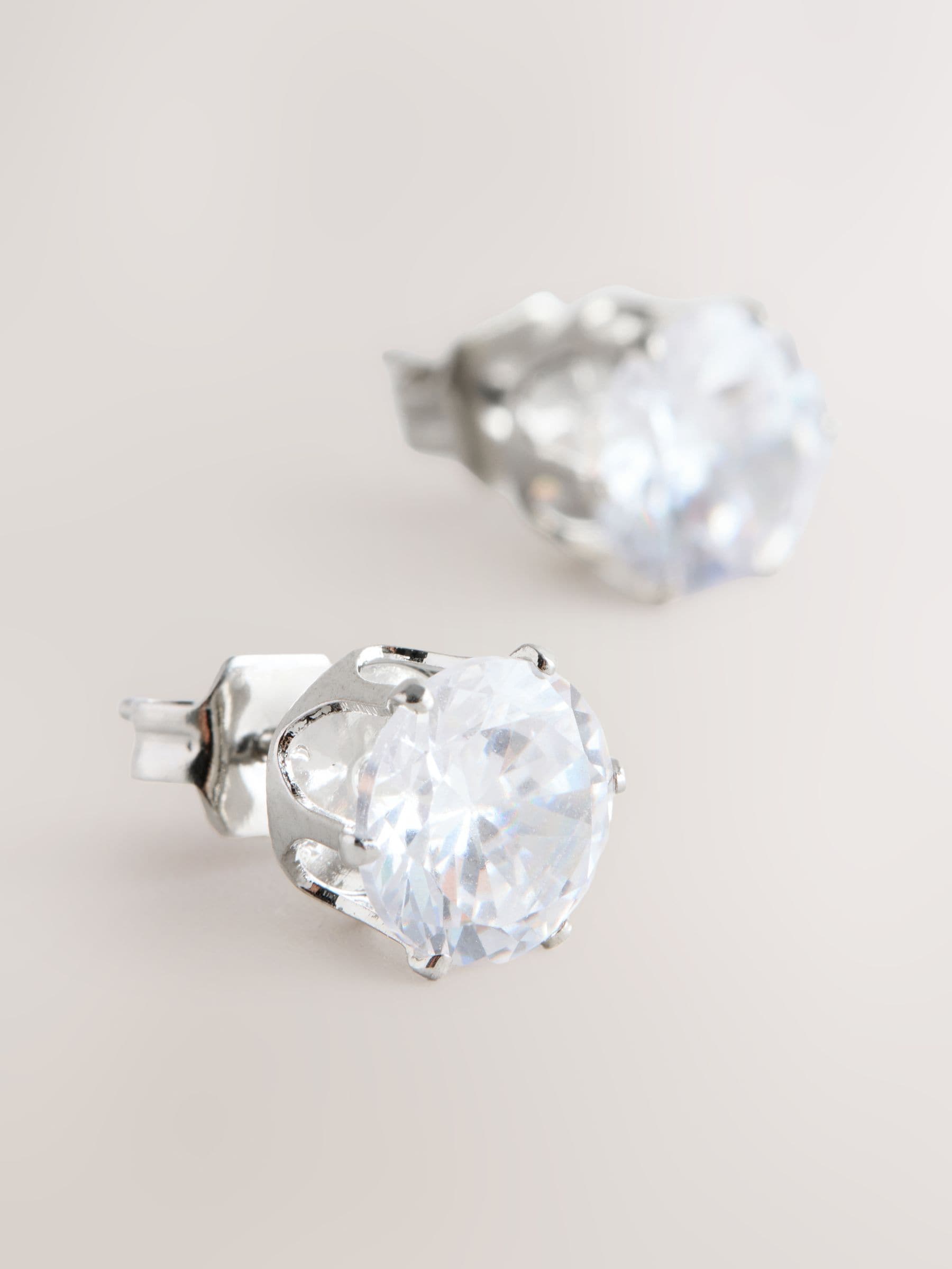 Silver tone cubic zirconia large stud earrings 0.5cm diameter (British brand)