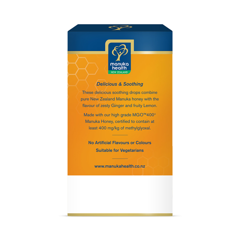 Manuka Health MGO 400+ honey drops ginger lemon 65g, UK version