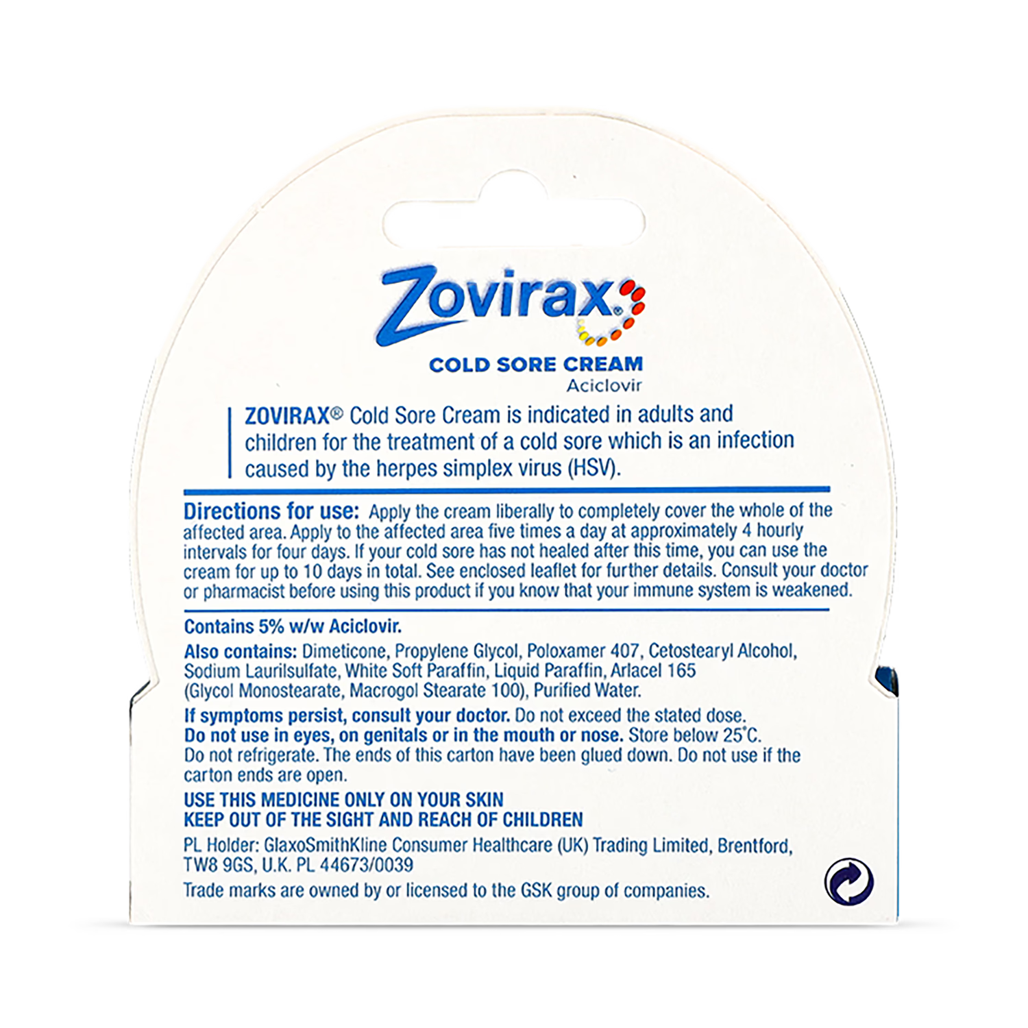 Zovirax cold sore cream 2g pump - British product