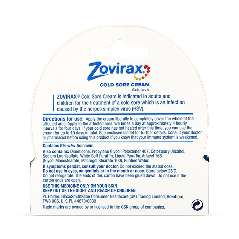 Zovirax cold sore cream 2g pump - British product