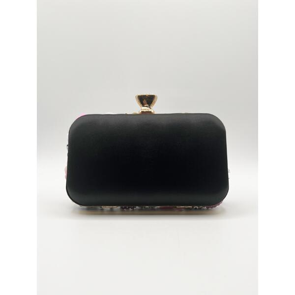 SVNX black floral applique clutch bag with beaded flowers (British brand)