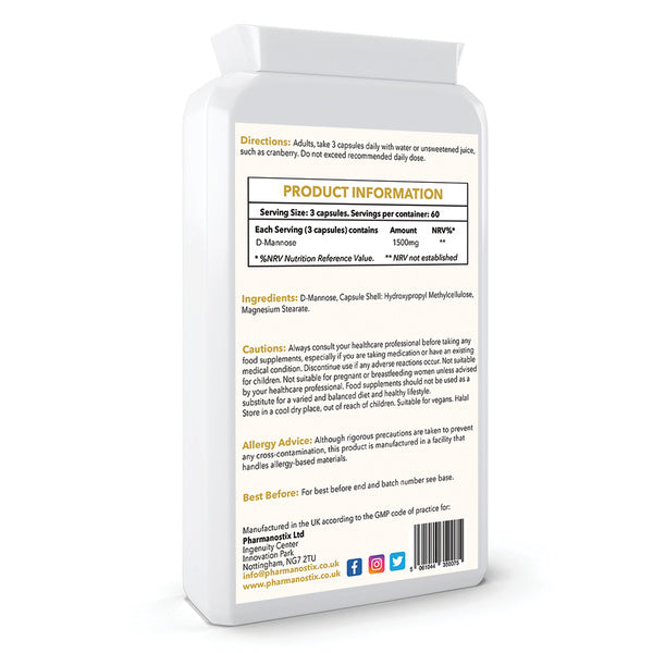 Pharmanostix D-Mannose supplement 500mg 180 capsules, imported from the UK