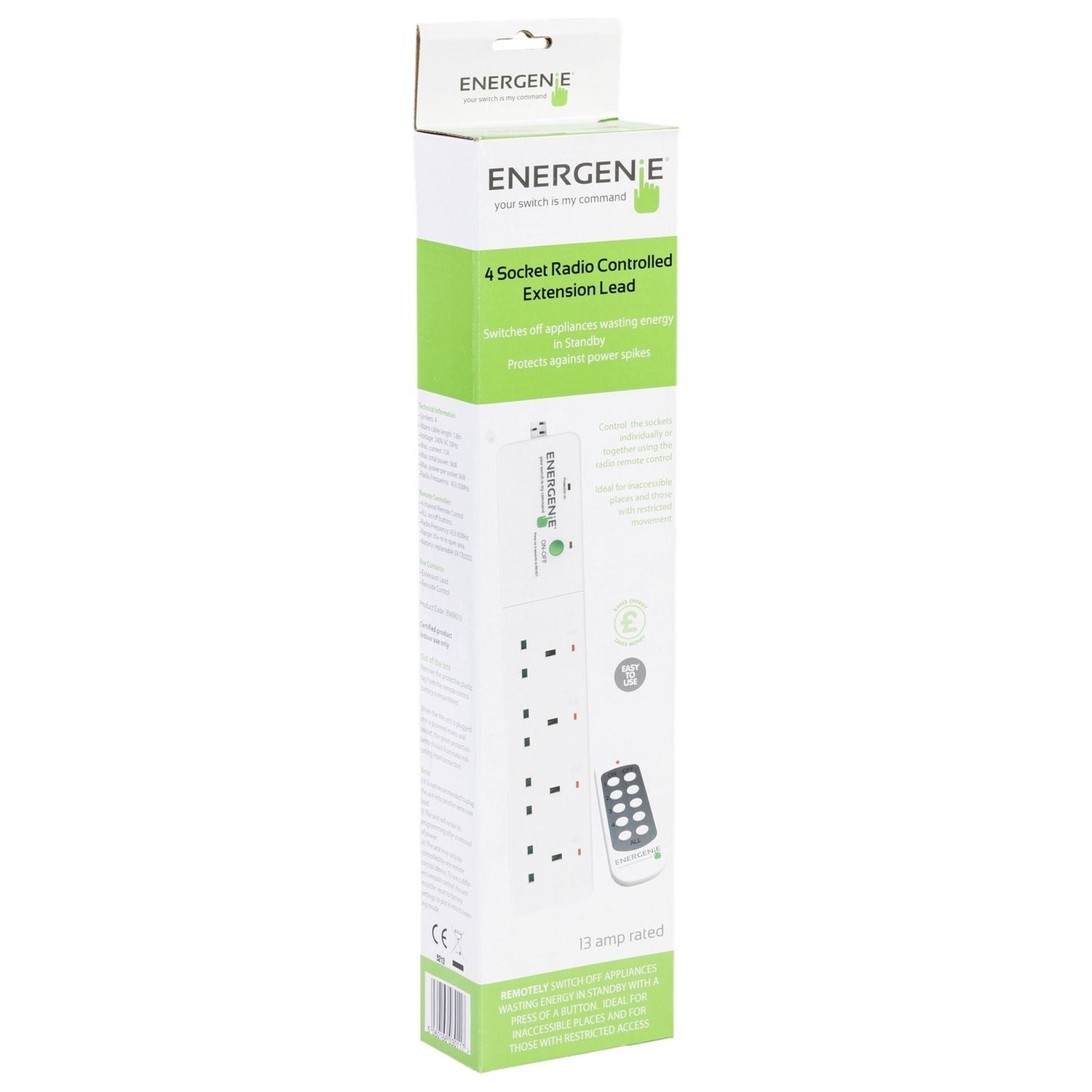 Energenie extension lead surge protected 4 socket 1.8m, imported from the UK