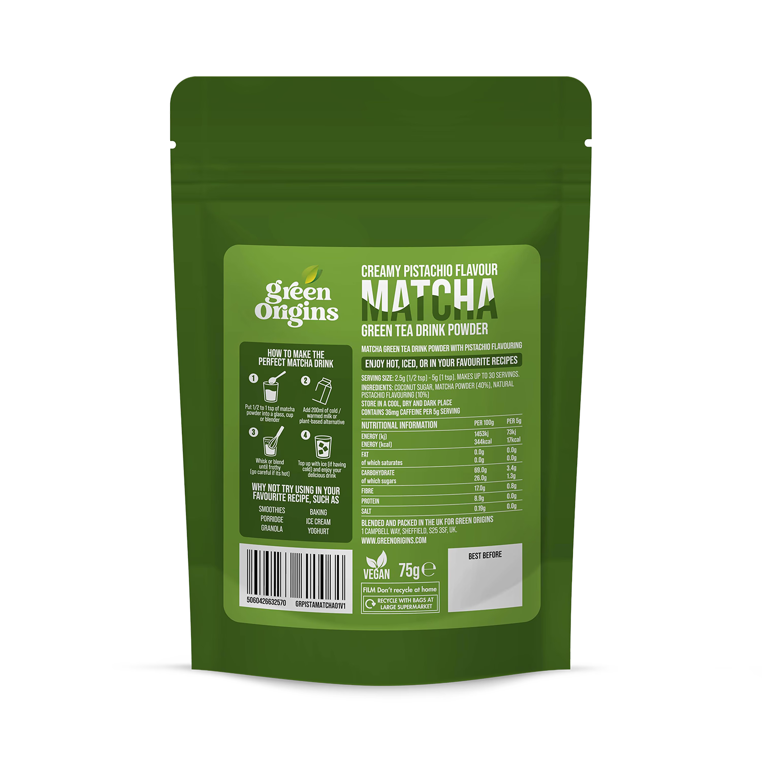Green Origins creamy pistachio matcha drink powder 75g - British product