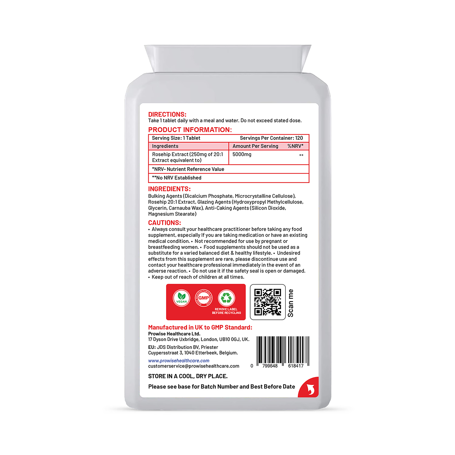 Prowise Healthcare rosehip supplement Health+ 5000mg 120 tablets, UK version
