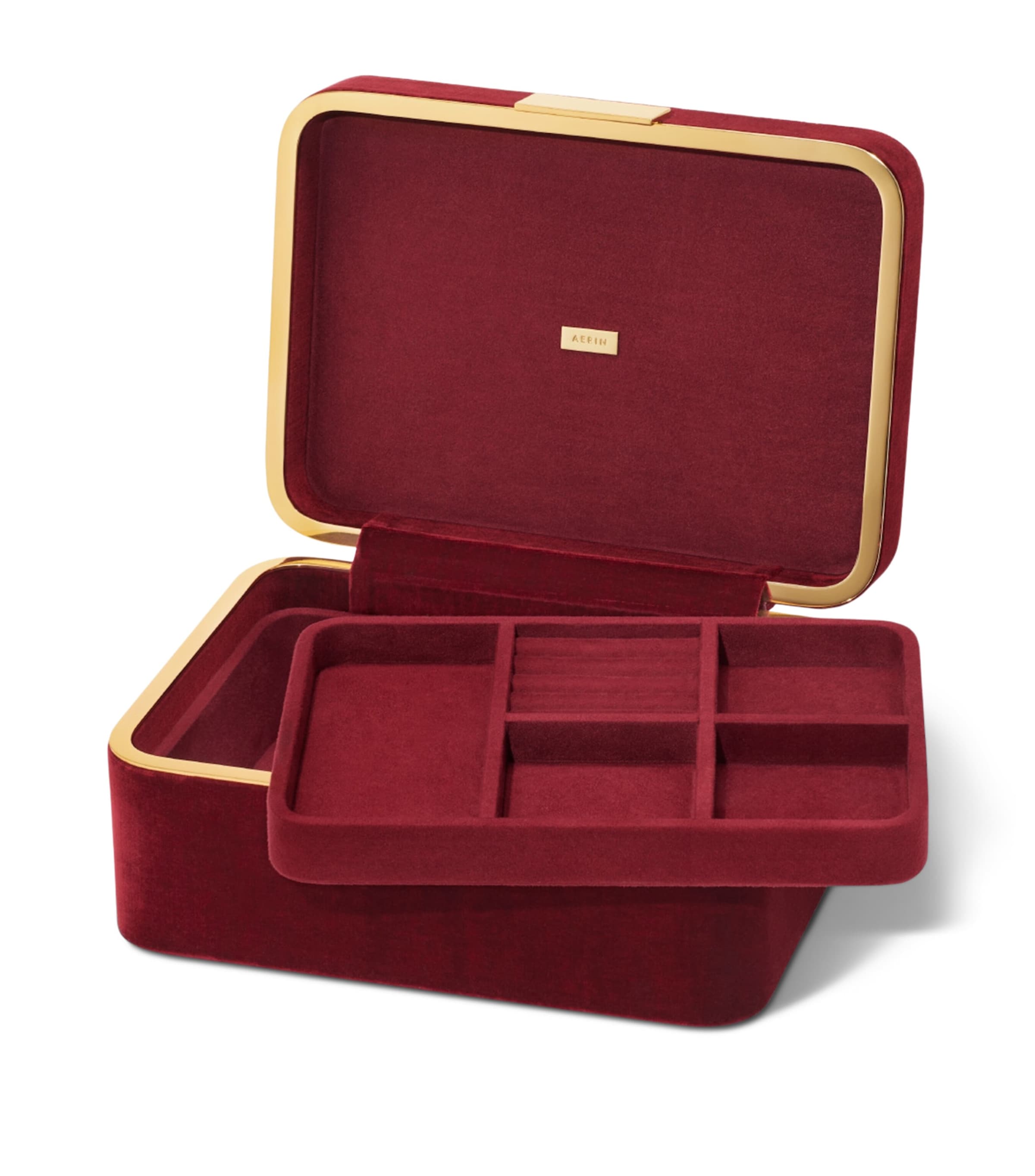 Aerin velvet jewellery box with suede-lined interior and compartments - British product