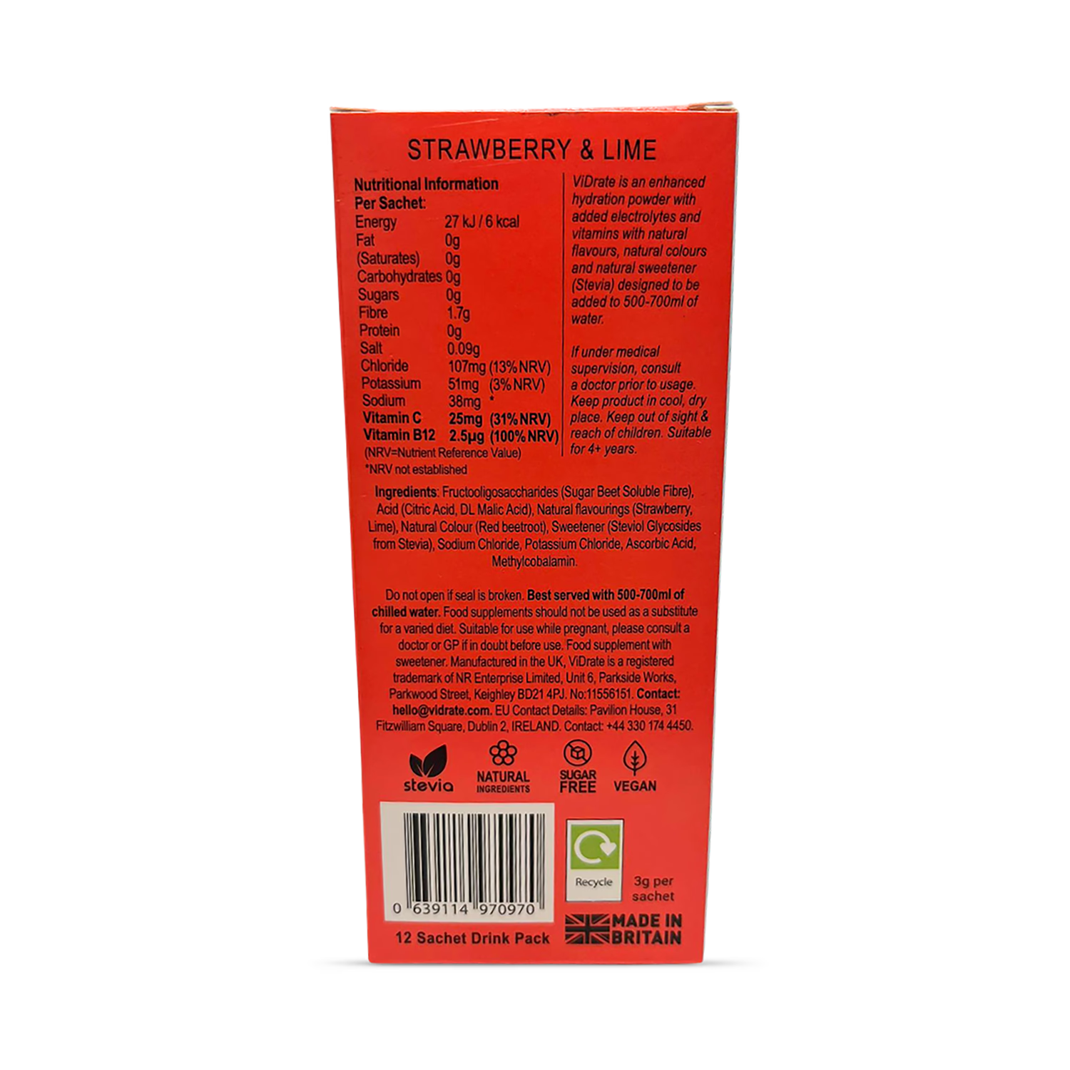 Vidrate hydration sachets strawberry lime 12 sachets (British brand)