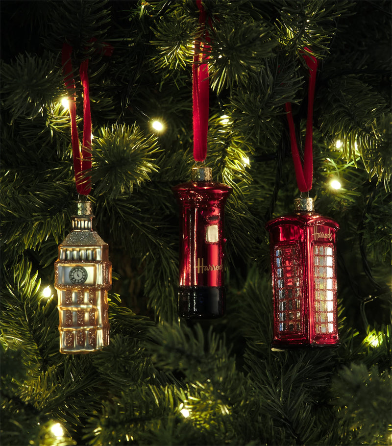 Harrods London Icons tree decorations set of 3 glass with Big Ben, imported from the UK