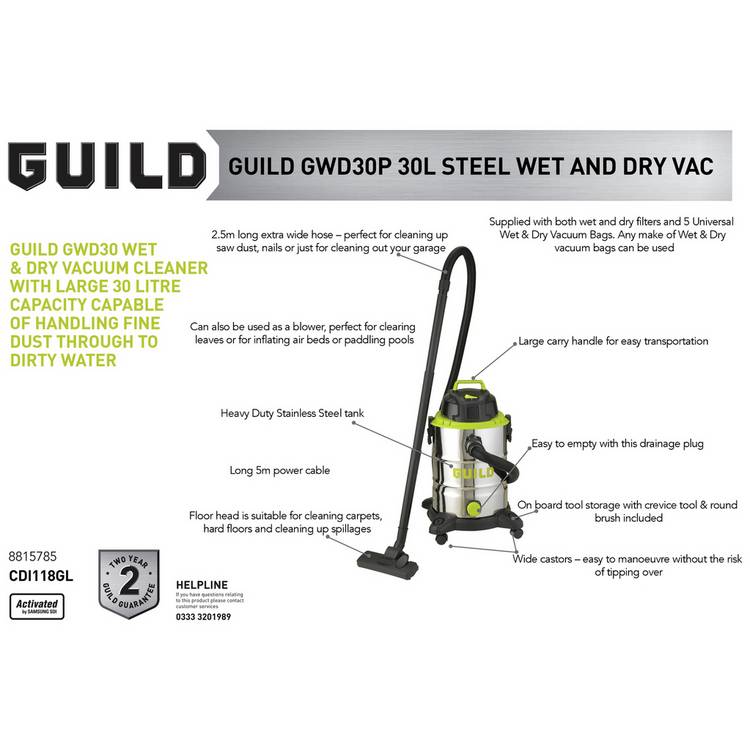 Guild 30L steel drum wet dry vacuum cleaner - British product