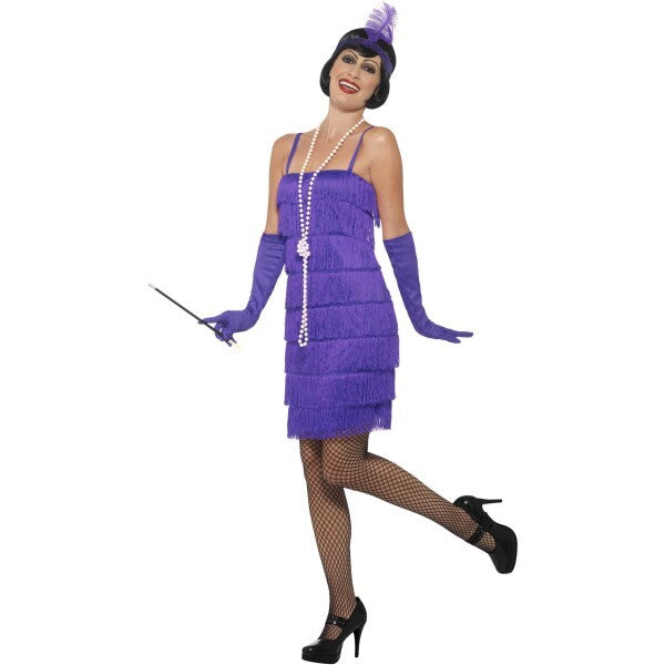 Smiffys purple flapper costume with short dress headband and gloves, UK version