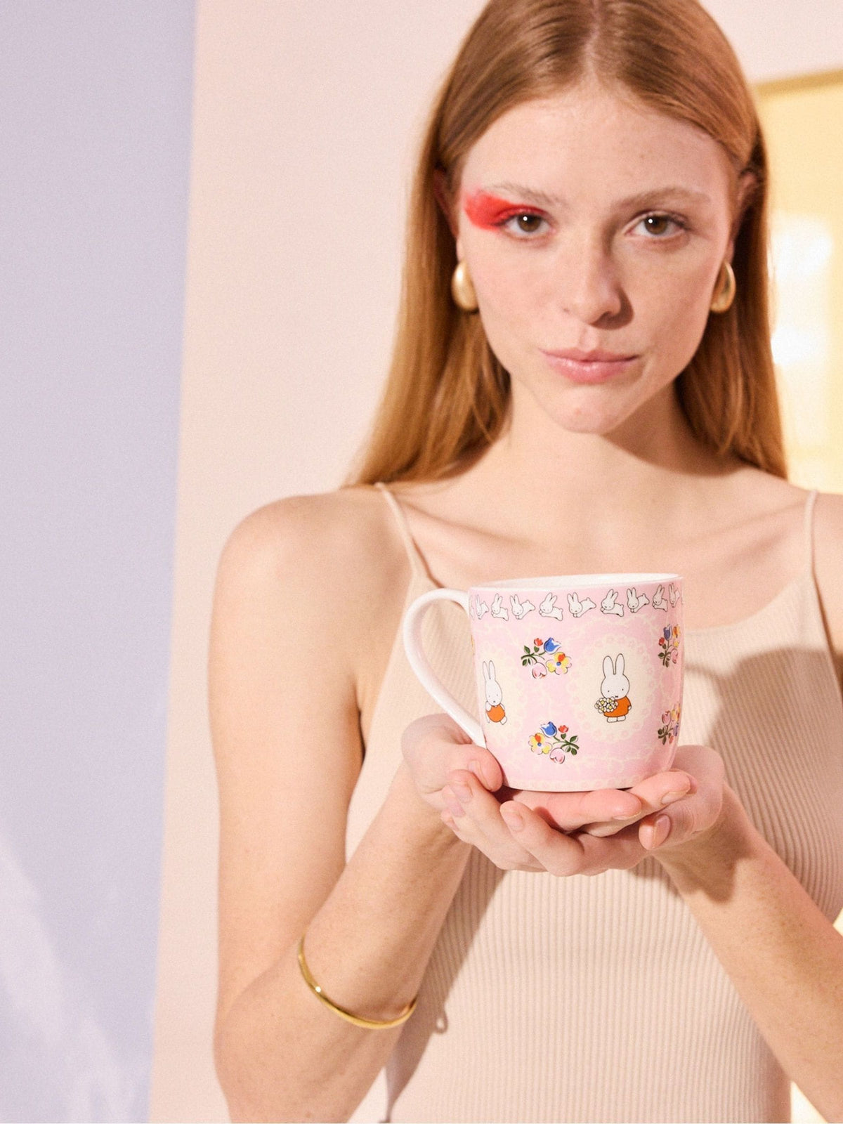Pink Fine China Mug with Floral Frame and Playful Prints