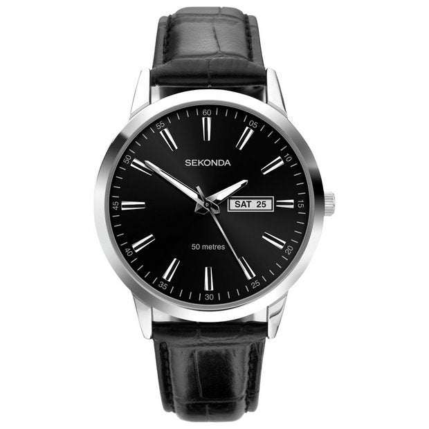 Sekonda black leather watch 40mm - British product