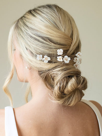 Ensemble d'épingles à cheveux florales en céramique et cristal, plaqué or 14 carats, ensemble de 3 pièces