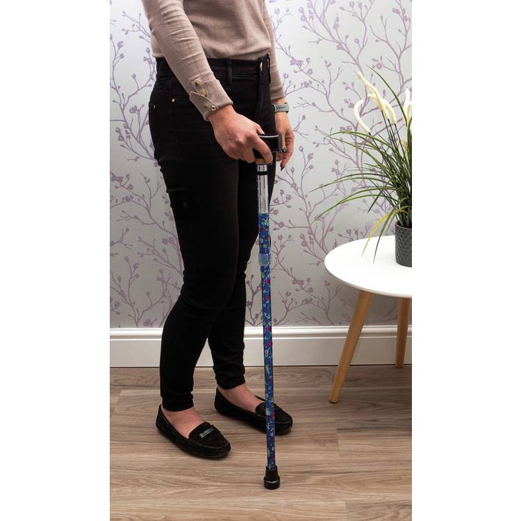 Aidapt folding walking stick with floral pattern, purple - British brand